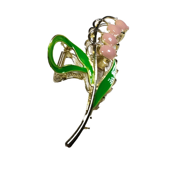 Hair Clip Barrette Snow Drop Flower Messy Hair Bun Pink Green Gold Tone Wedding - Picture 3 of 9